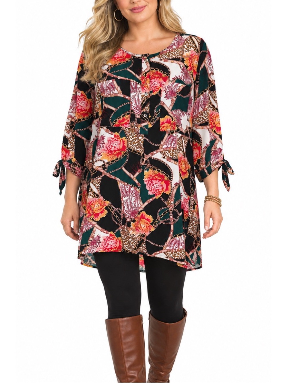 Dressbarn bold floral, chain, and animal-print tunic blouse, size Large